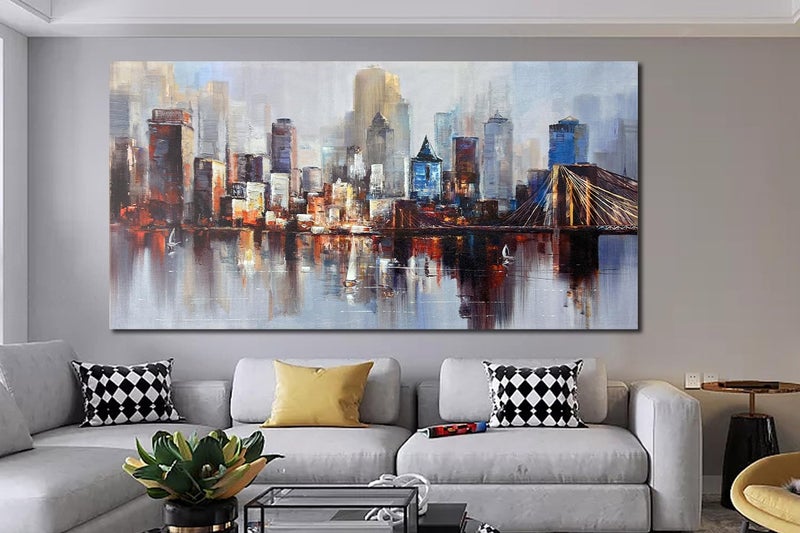 Arjun Brooklyn Bridge Wall Art for Living Room, Modern New York City Abstract Cityscape Canvas Painting, NYC Skyline Textured Picture Bedroom Artwork Home Office Wall Decor Extra Large Framed 58"x29" - Image 3